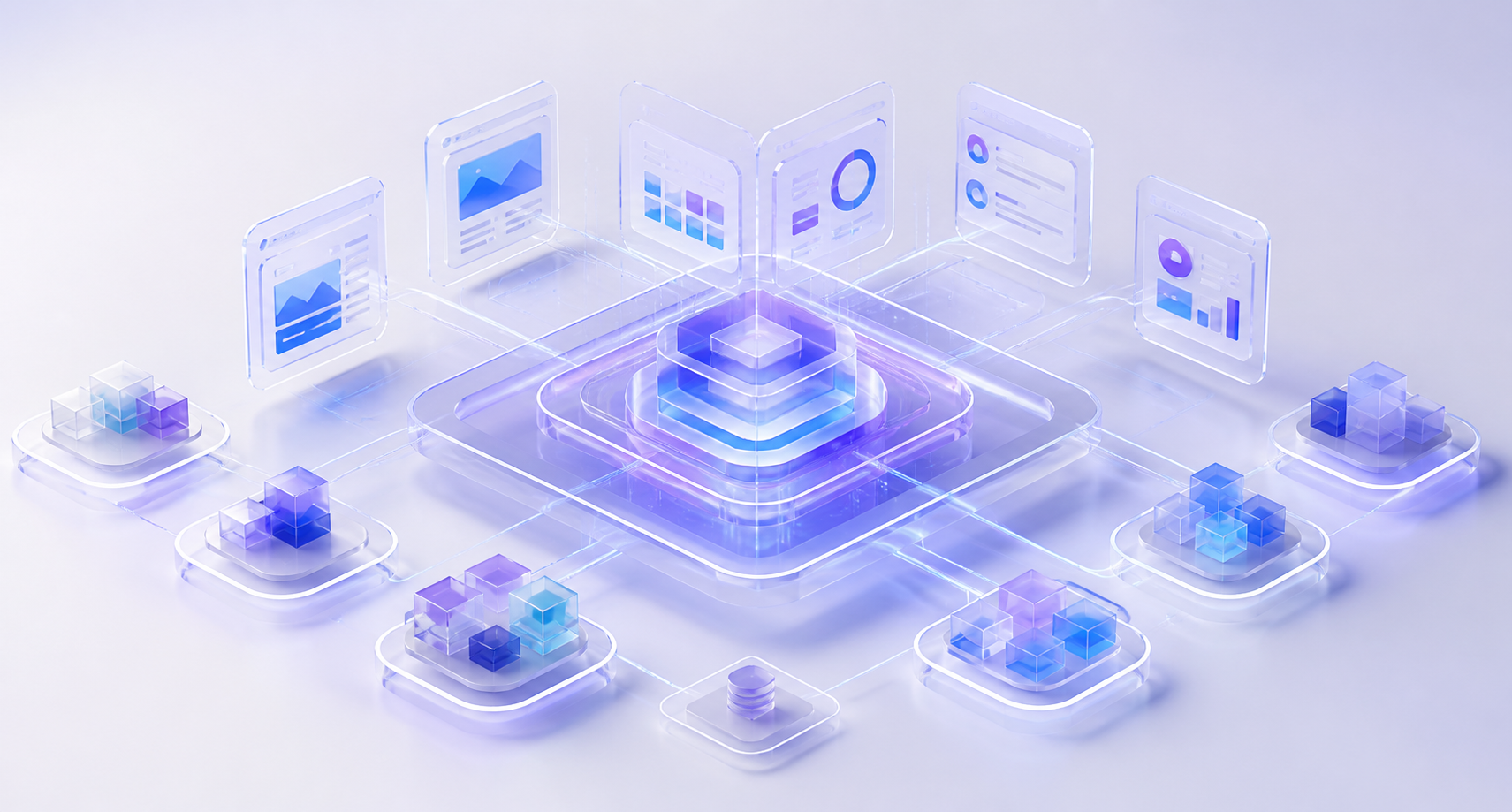 A luminous modular PLAVIA core connected to multiple digital product interfaces